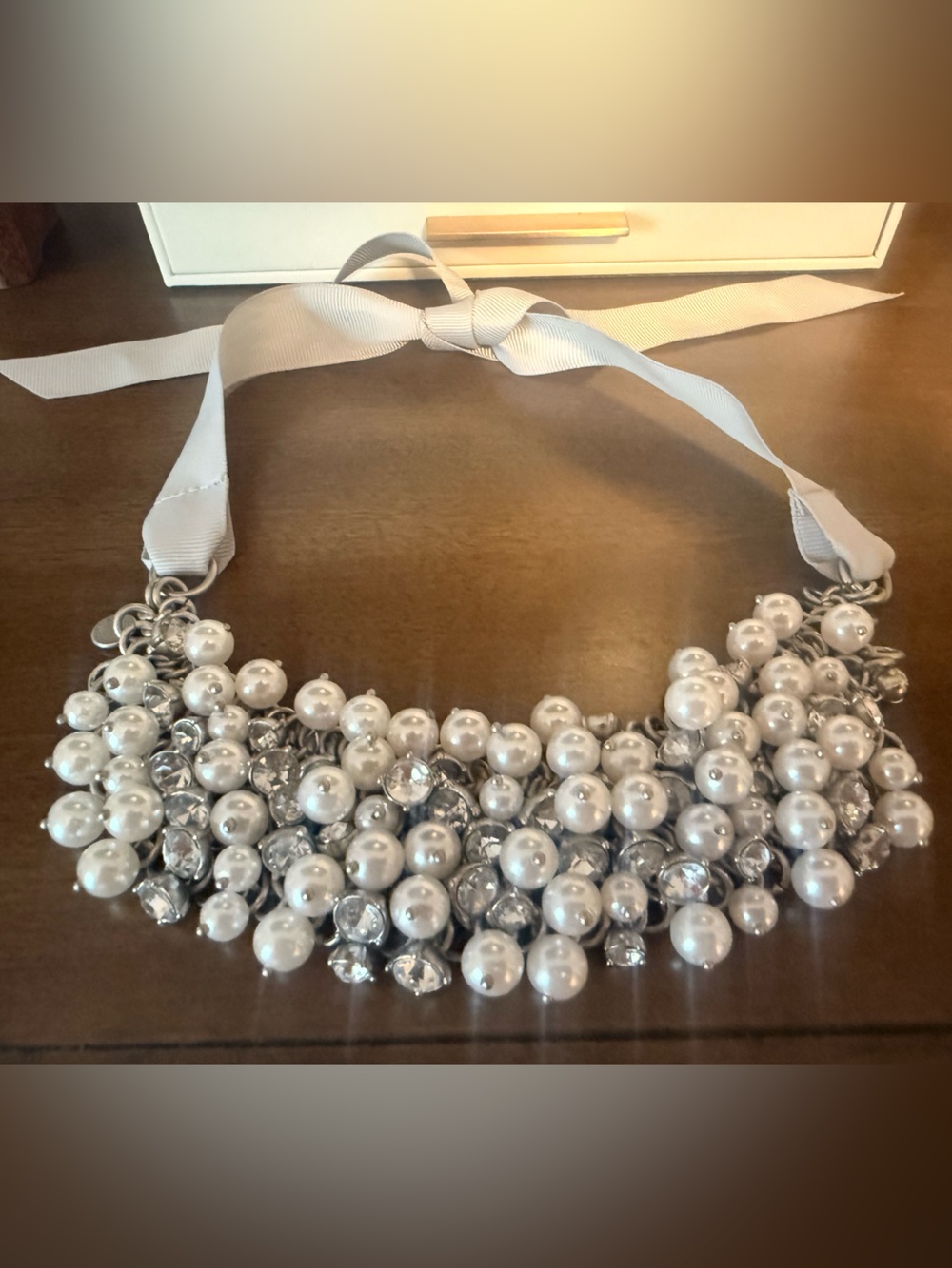 Abercrombie & Fitch White Pearl Cluster Ribbon Tie Necklace